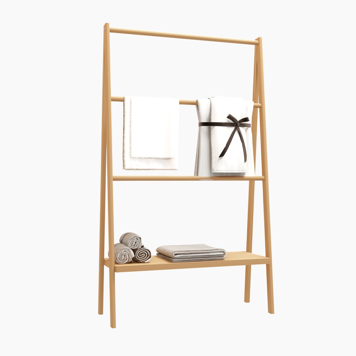 Bamboo Ladder Towel Rack - Blanket Holder with Storage Shelf for Bathroom & Living Room, Freestanding 30.16" L x 12.01" W x 51" H, Eco-Friendly