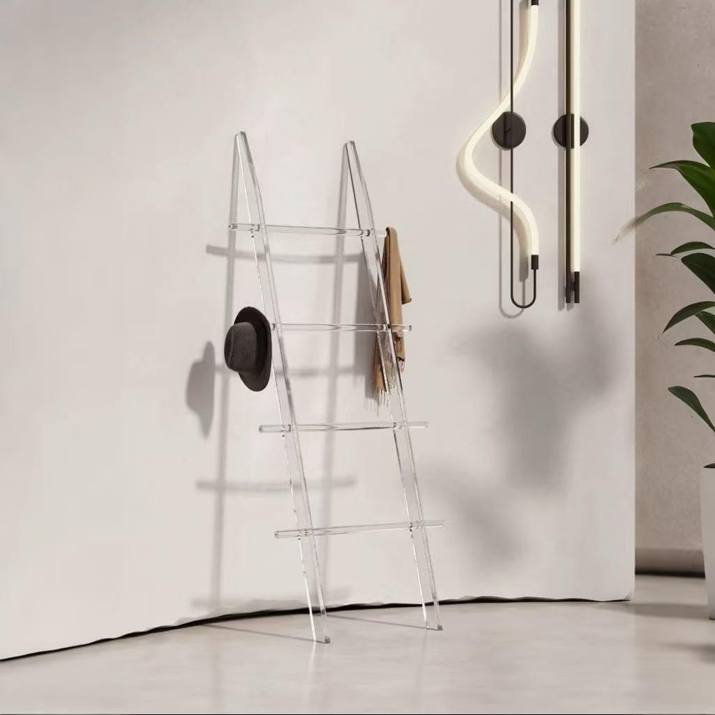 Blanket Ladder for Living Room and Bedroom, 4 Tier Transparent Anti Slip Wall Leaning Towel Rack, Waterproof Blanket Towel Rack, Quilt Shelf, Easy Assembly