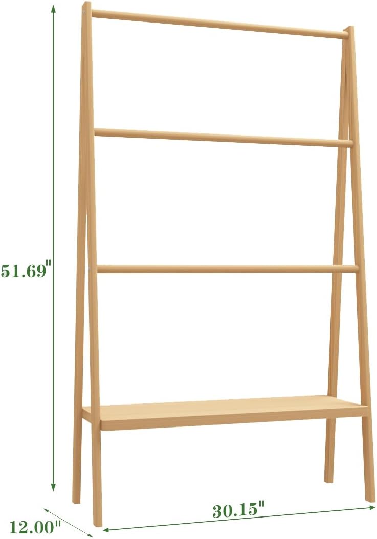 Bamboo Ladder Towel Rack - Blanket Holder with Storage Shelf for Bathroom & Living Room, Freestanding 30.16" L x 12.01" W x 51" H, Eco-Friendly
