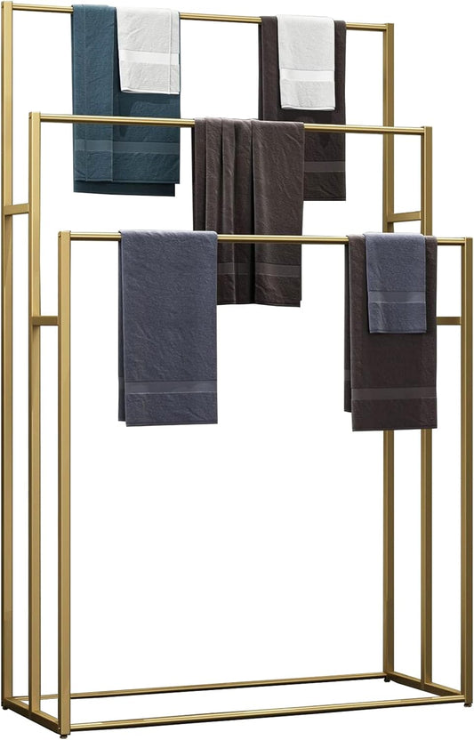 Large Size Standing Towel Racks for Bathroom, Freestanding 3 Tiers Modern Blanket Rack for Living Room, Metal Towel Ladder (Golden)