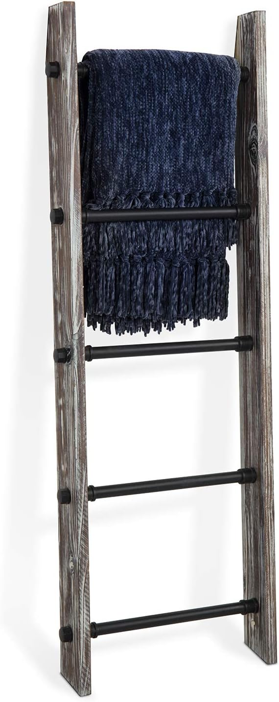 MyGift Rustic Blanket Ladder, Burnt Wood Throw Quilt Rack, Farmhouse Style with 5 Black Metal Rungs, Bathroom Towel Ladder Storage Rack