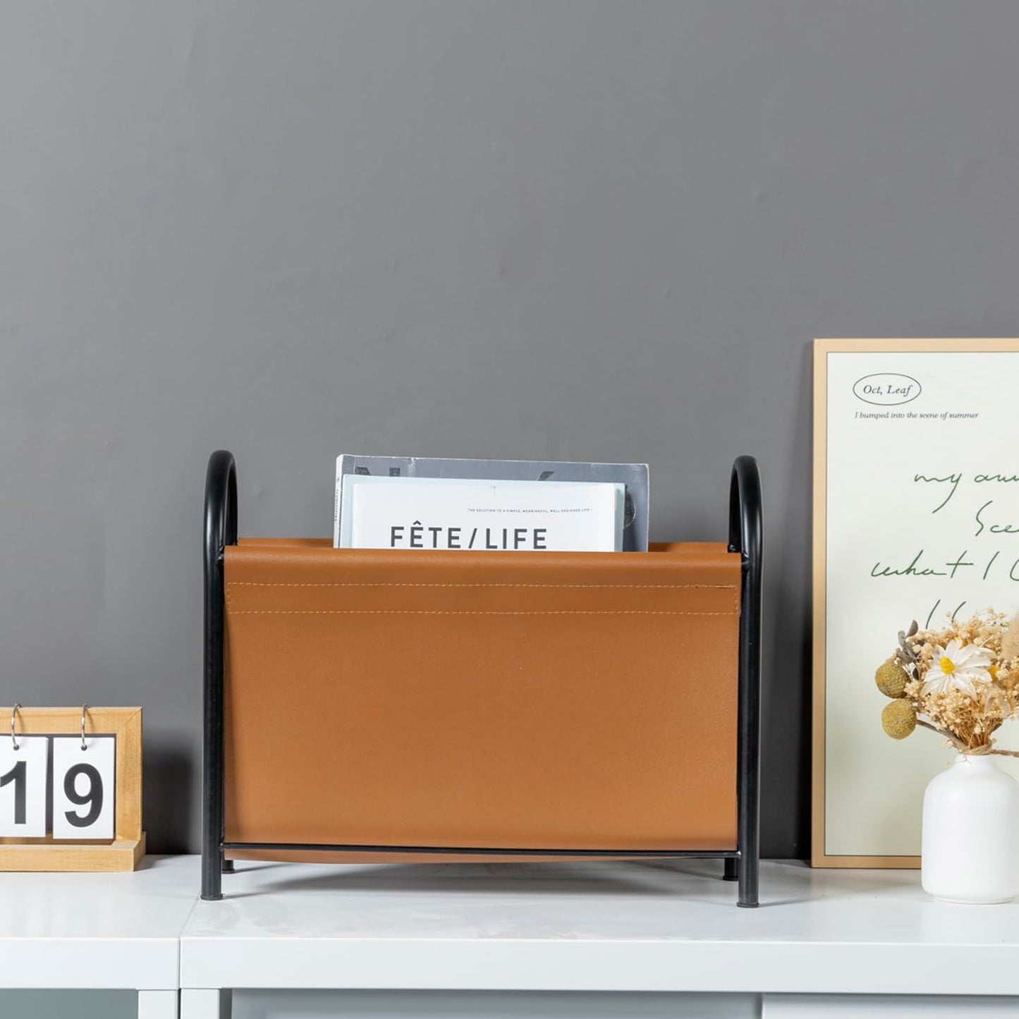 MyGift 15 Inch Modern Caramel Leatherette and Black Metal Magazine Holder with Round Handles, Floor Standing Faux Leather Book Storage Newspaper Rack, Home Bathroom Decor
