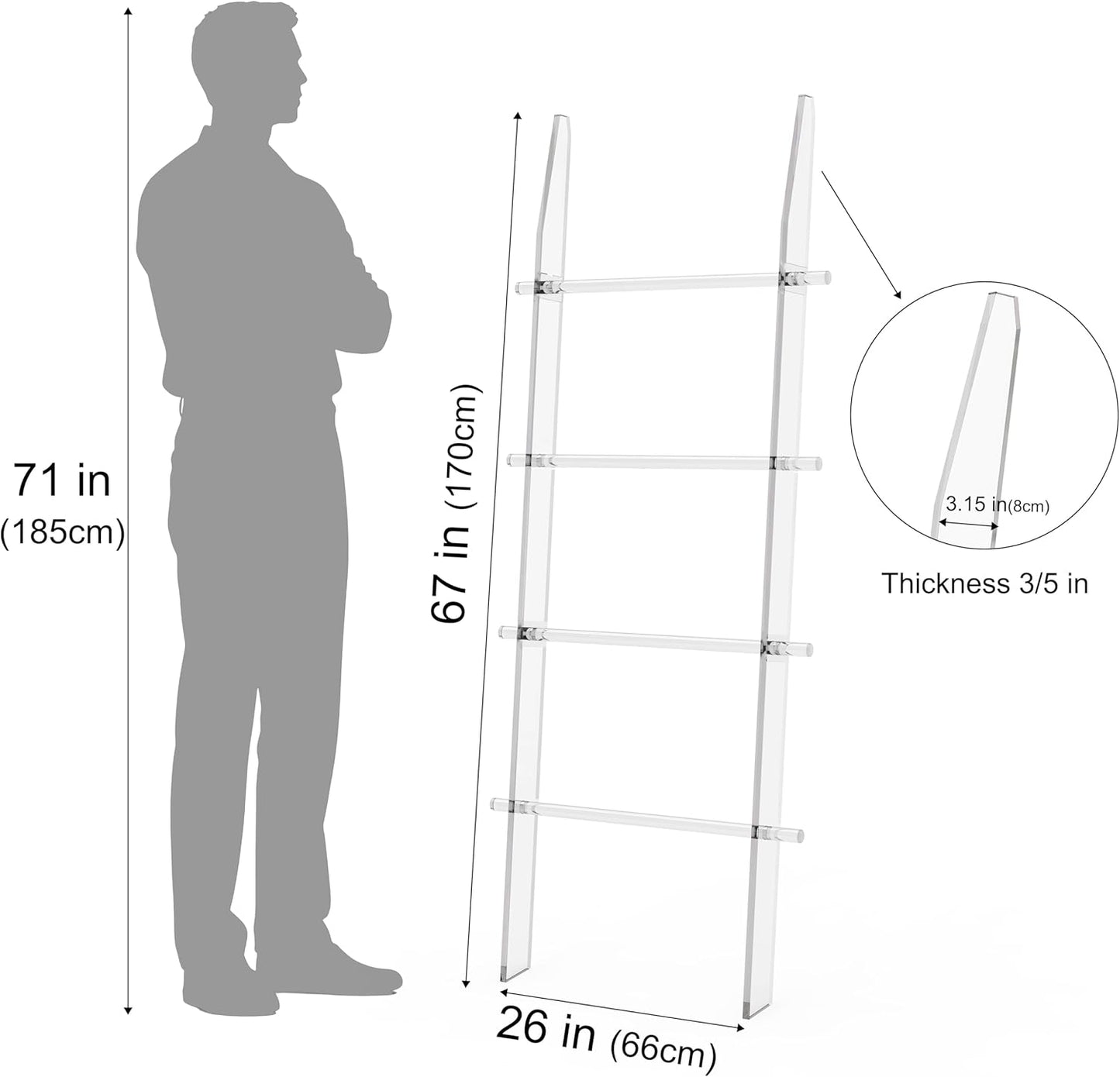 Blanket Ladder for Living Room and Bedroom, 4 Tier Transparent Anti Slip Wall Leaning Towel Rack, Waterproof Blanket Towel Rack, Quilt Shelf, Easy Assembly