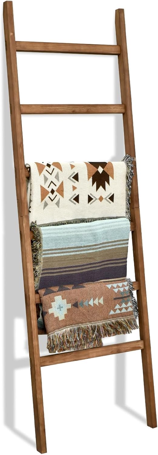 FUIN Extra Wide 6.4ft Wooden Blanket Ladder Living Room Decorative Wal Leaning Farmhouse Quilt Display Holder Rustic Wood Towel Rack for Bathroom, Brown, 38 inch Wide