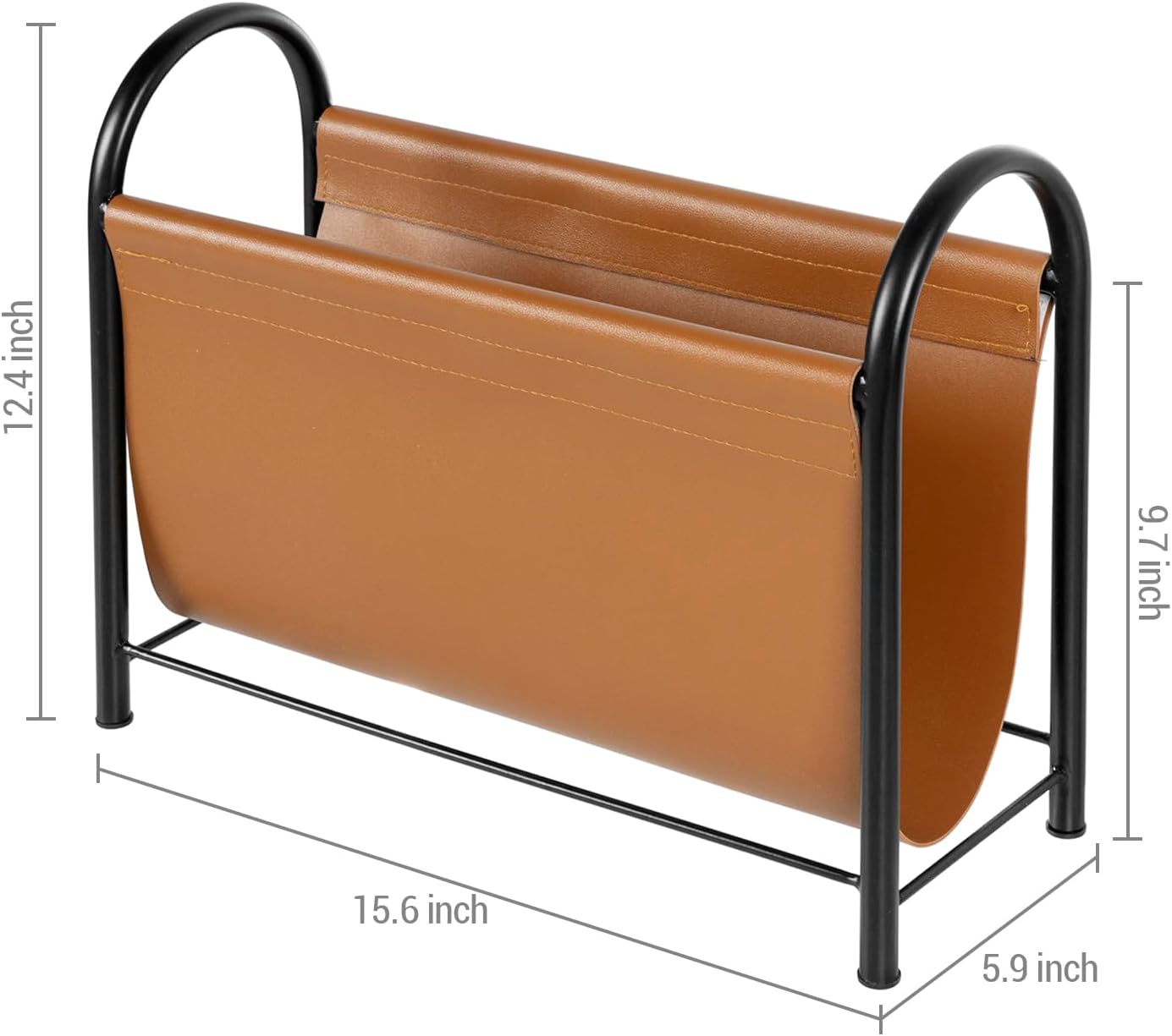 MyGift 15 Inch Modern Caramel Leatherette and Black Metal Magazine Holder with Round Handles, Floor Standing Faux Leather Book Storage Newspaper Rack, Home Bathroom Decor