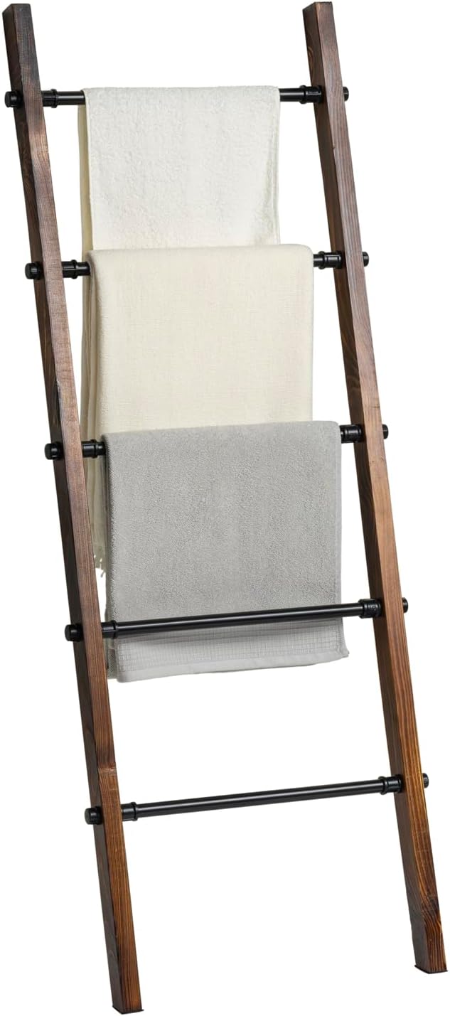 MyGift Rustic Blanket Ladder, Burnt Wood Throw Quilt Rack, Farmhouse Style with 5 Black Metal Rungs, Bathroom Towel Ladder Storage Rack