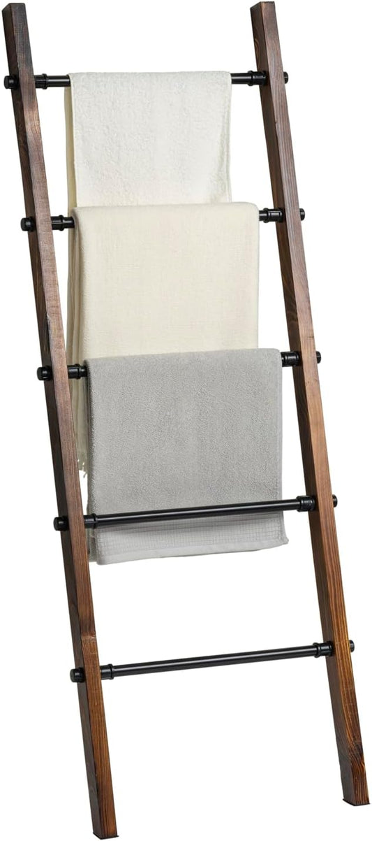 MyGift Rustic Blanket Ladder, Burnt Wood Throw Quilt Rack, Farmhouse Style with 5 Black Metal Rungs, Bathroom Towel Ladder Storage Rack