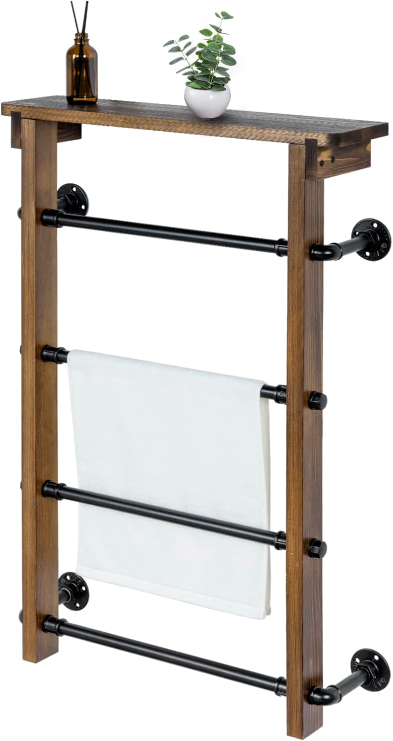MyGift Wall Mounted Blanket Ladder Farmhouse Gray Wood and Industrial Metal Pipe Towel Hanging Rack