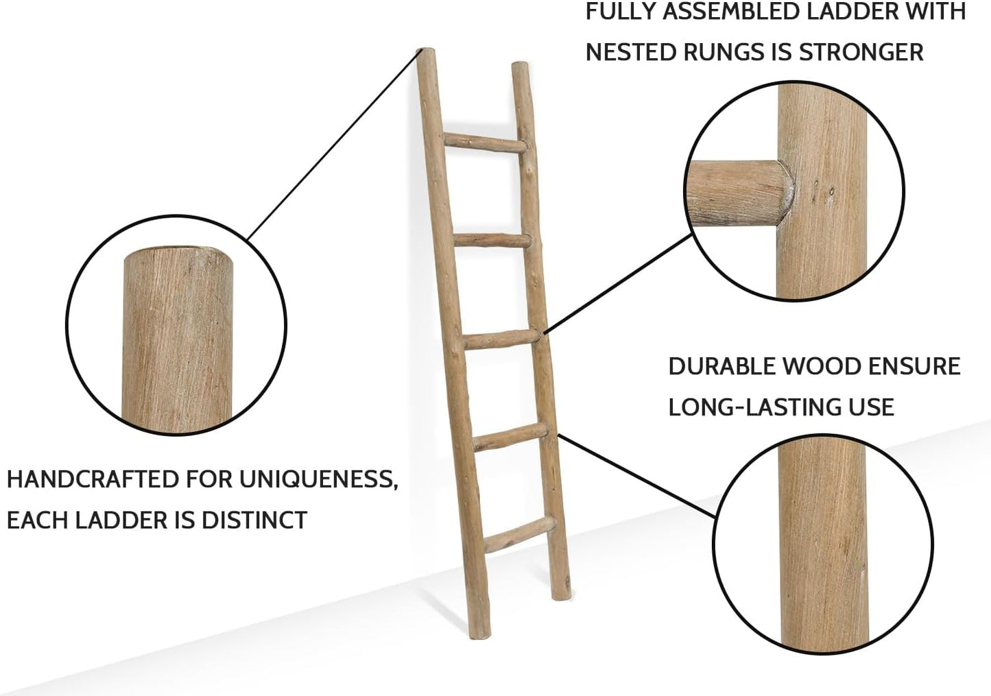 FUIN Fully Assembled 57in Wood Blanket Ladder Living Room Decorative Wall Leaning Farmhouse Quilt Display Holder Rustic Wooden Towel Rack for Bathroom, Brown