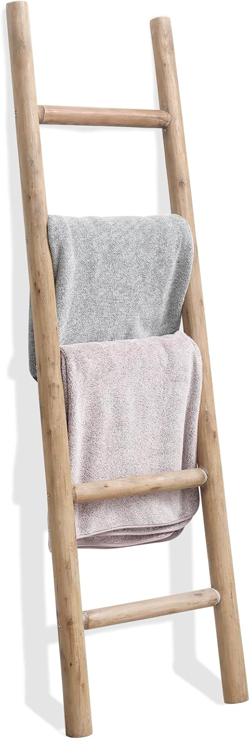 FUIN Fully Assembled 57in Wood Blanket Ladder Living Room Decorative Wall Leaning Farmhouse Quilt Display Holder Rustic Wooden Towel Rack for Bathroom, Brown