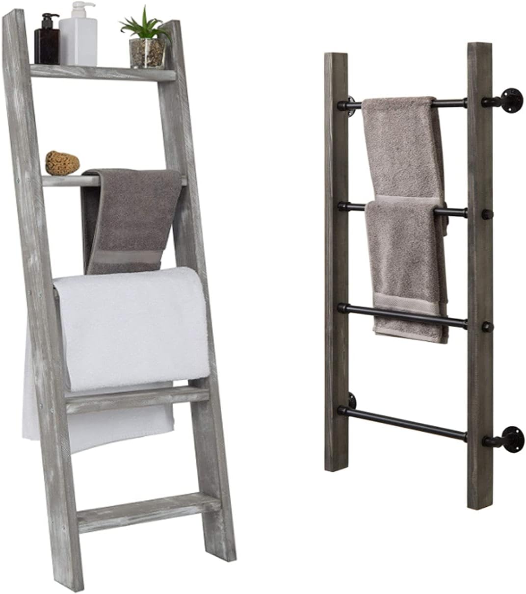 MyGift Wall-Leaning Rustic Gray with White Finish Wood Ladder-Style Blanket Rack Vintage Grey Wood & Industrial Metal Pipe Wall Mounted Ladder Rack, 46 Inch Towel Shelve