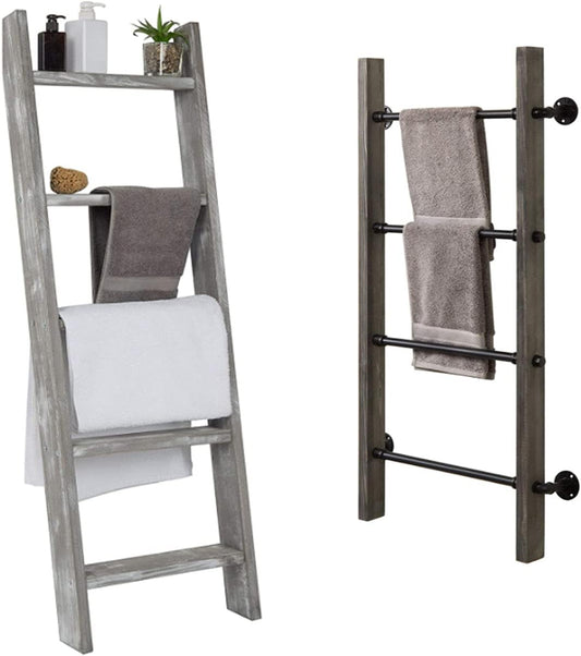 MyGift Wall-Leaning Rustic Gray with White Finish Wood Ladder-Style Blanket Rack Vintage Grey Wood & Industrial Metal Pipe Wall Mounted Ladder Rack, 46 Inch Towel Shelve
