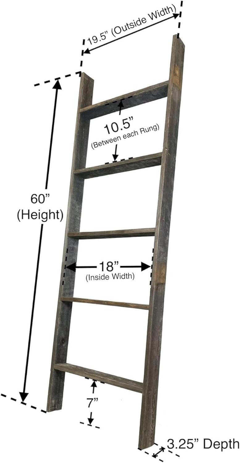 BARNWOODUSA Throw Blanket Ladder – Fully Assembled Reclaimed Wood – Rustic Decorative Ladder for Towels, Quilts– Perfect Farmhouse Decor for Bathroom, Porch, or Living Room,5' x 18" Weathered Gray