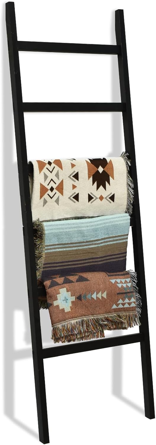 FUIN Extra Wide 6.4ft Wooden Blanket Ladder Living Room Decorative Wal Leaning Farmhouse Quilt Display Holder Rustic Wood Towel Rack for Bathroom, Brown, 38 inch Wide