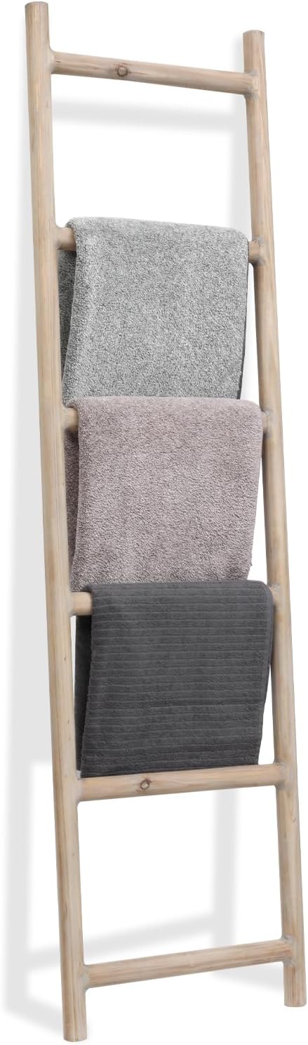 SwallowLiving Fully Assembled 6ft Farmhouse Wood Blanket Ladder Living Room Decorative Wall Leaning Quilt Display Holder Rustic Wooden Towel Rack for Bathroom, Natural & Graywashed