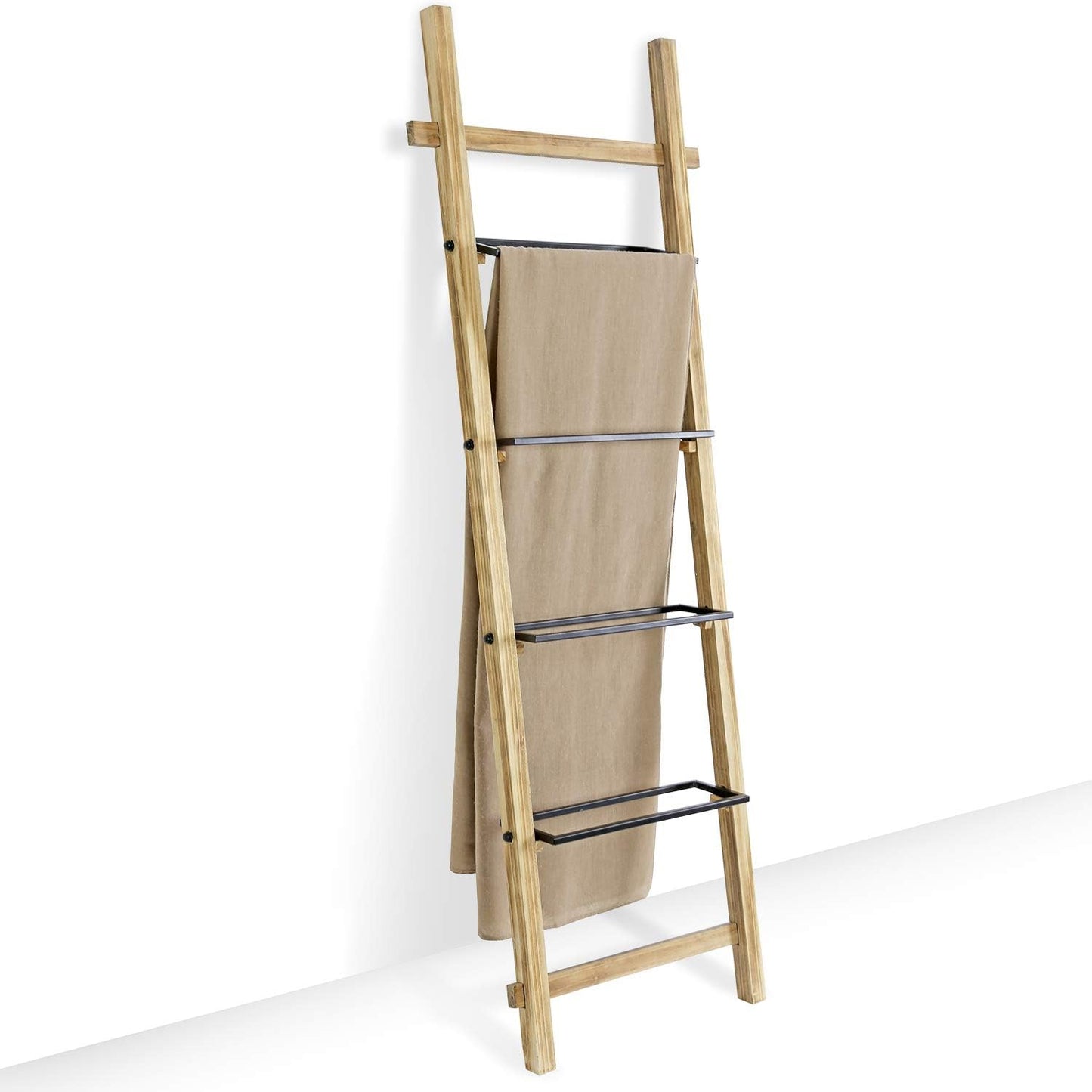 MyGift Rustic Blanket Ladder, Burnt Wood Throw Quilt Rack, Farmhouse Style with 5 Black Metal Rungs, Bathroom Towel Ladder Storage Rack