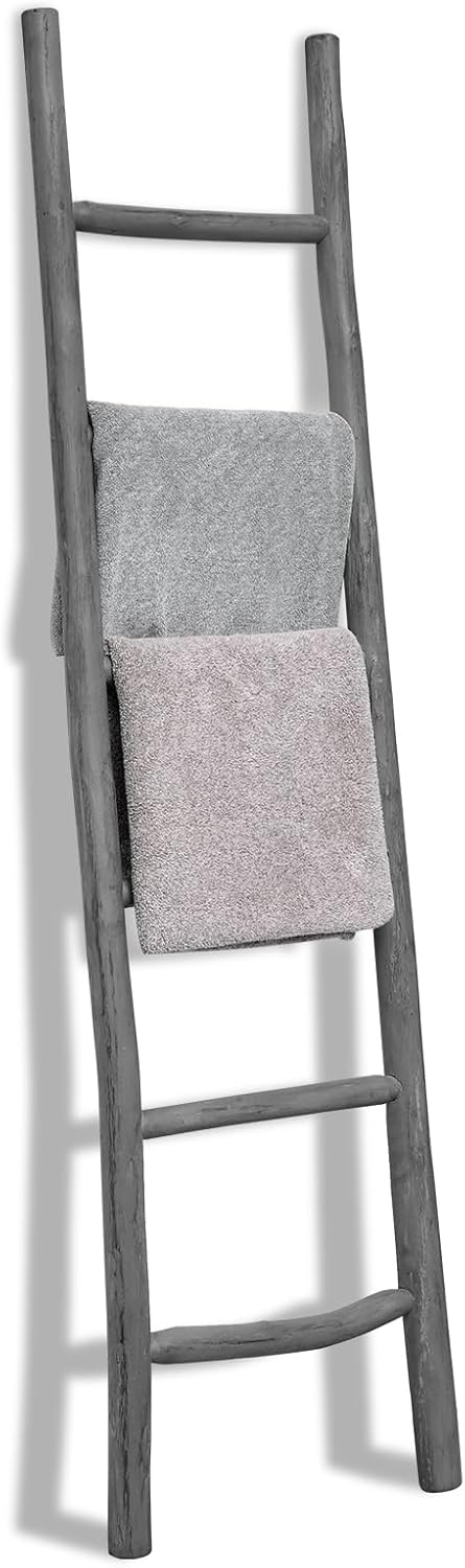 FUIN Fully Assembled 57in Wood Blanket Ladder Living Room Decorative Wall Leaning Farmhouse Quilt Display Holder Rustic Wooden Towel Rack for Bathroom, Brown