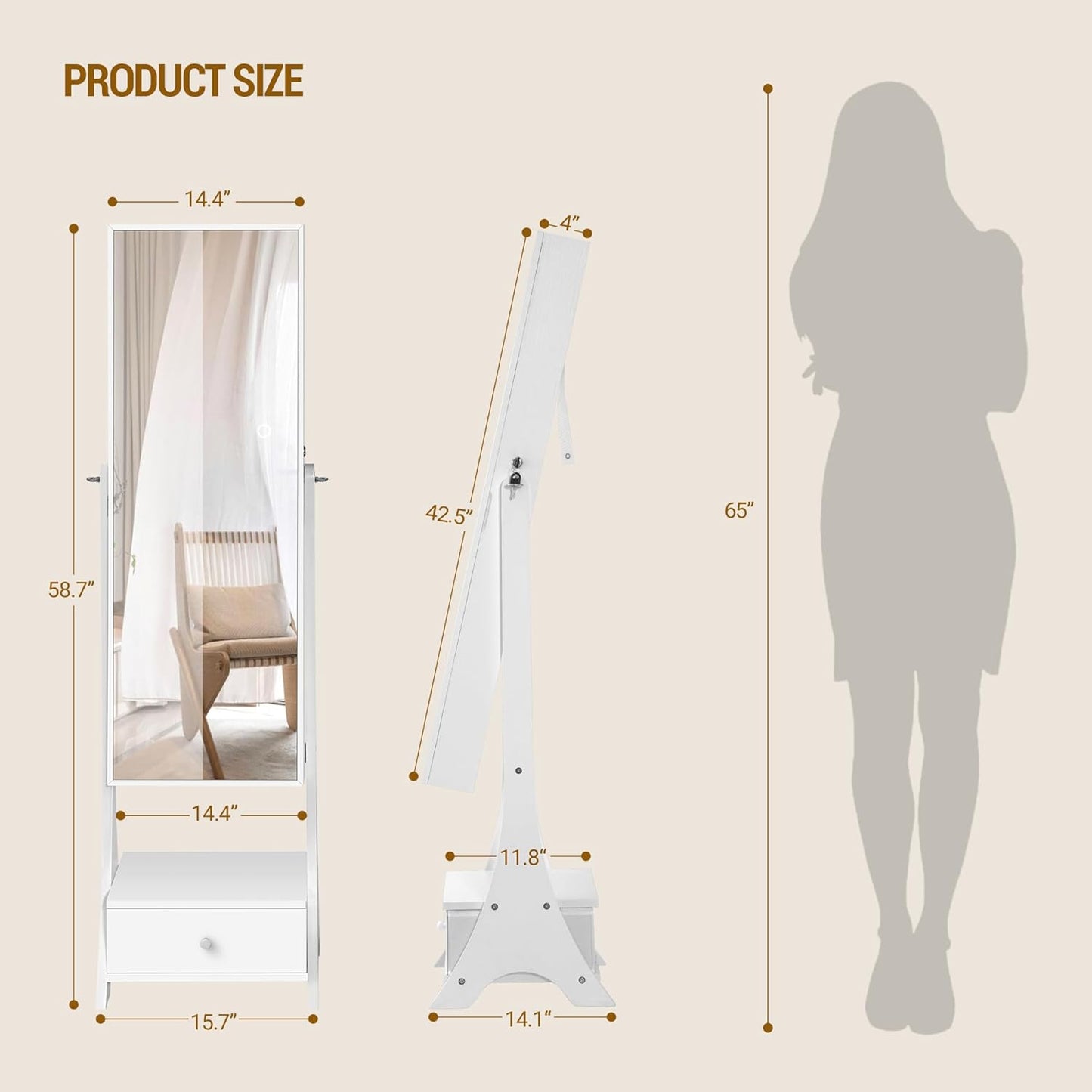 Jewelry Cabinet Armoire with Led Mirror, Full Length Mirror Storage, Lockable Standing Jewelry Mirror Cabinet, Jewelry Armoire Organizer with Drawer, Shelves, White JC35403B