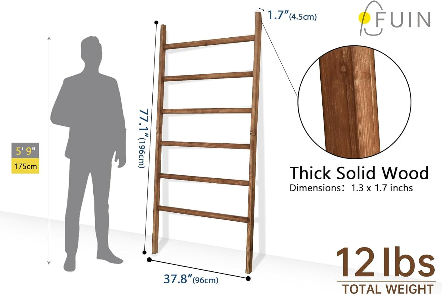 FUIN Extra Wide 6.4ft Wooden Blanket Ladder Living Room Decorative Wal Leaning Farmhouse Quilt Display Holder Rustic Wood Towel Rack for Bathroom, Brown, 38 inch Wide
