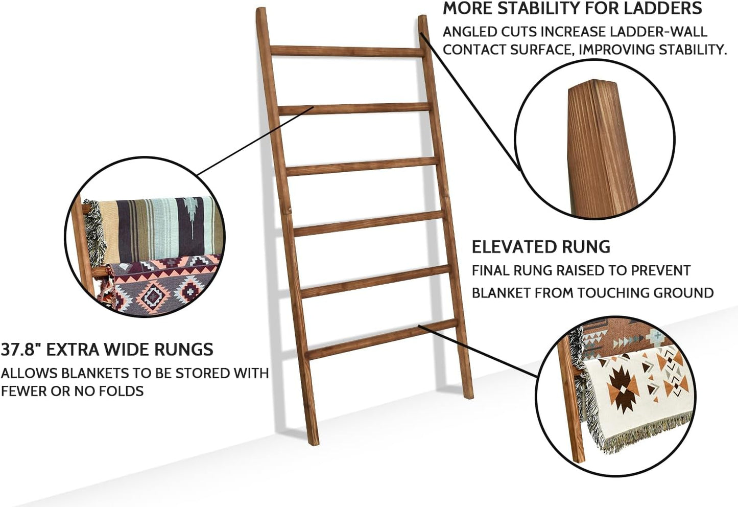FUIN Extra Wide 6.4ft Wooden Blanket Ladder Living Room Decorative Wal Leaning Farmhouse Quilt Display Holder Rustic Wood Towel Rack for Bathroom, Brown, 38 inch Wide
