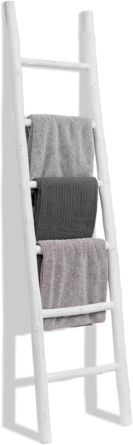 FUIN Fully Assembled 57in Wood Blanket Ladder Living Room Decorative Wall Leaning Farmhouse Quilt Display Holder Rustic Wooden Towel Rack for Bathroom, Brown
