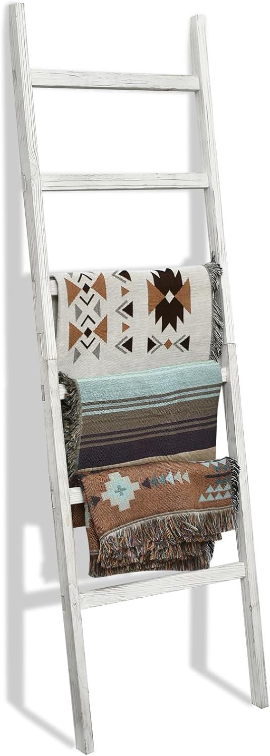 FUIN Extra Wide 6.4ft Wooden Blanket Ladder Living Room Decorative Wal Leaning Farmhouse Quilt Display Holder Rustic Wood Towel Rack for Bathroom, Brown, 38 inch Wide