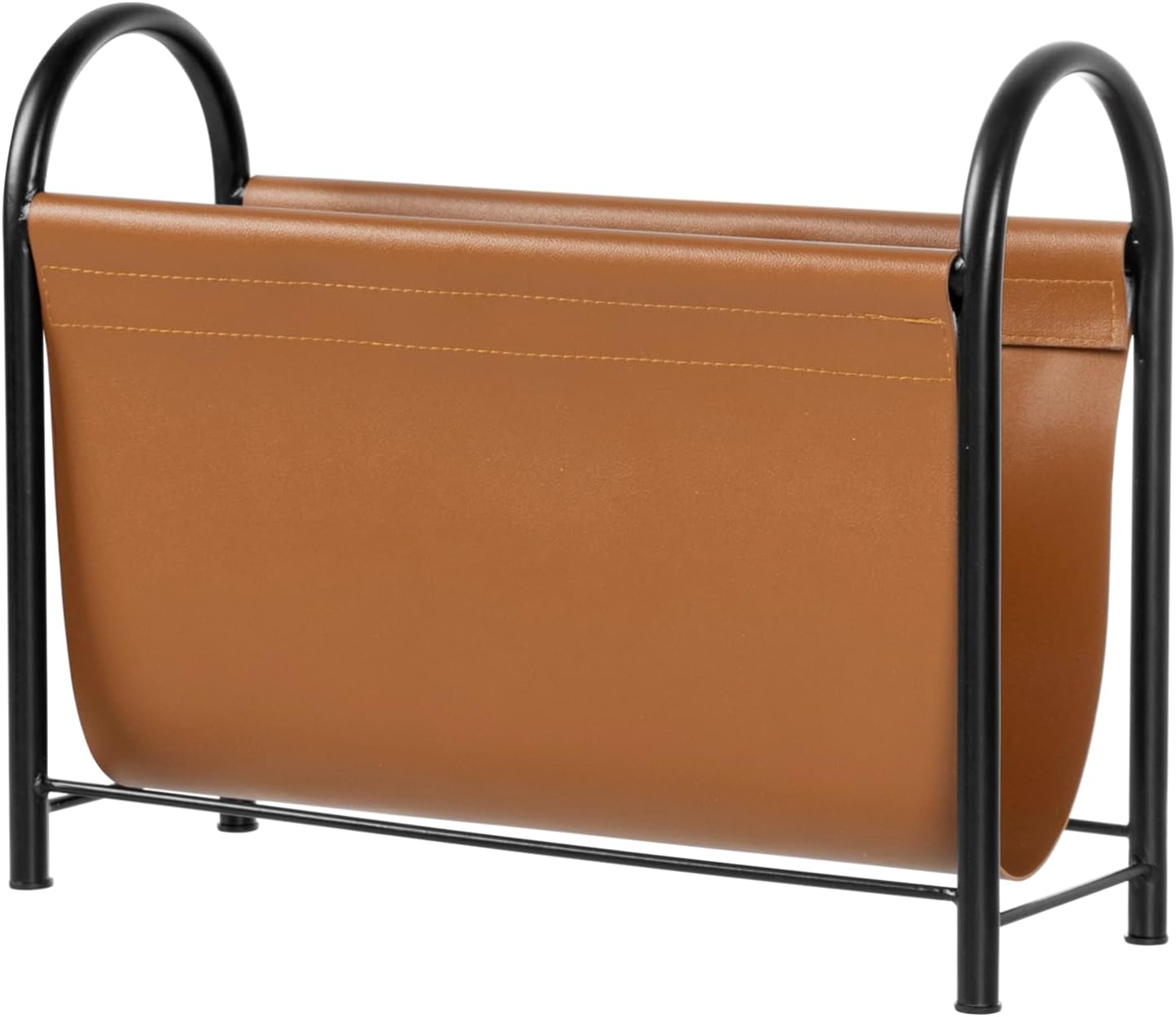 MyGift 15 Inch Modern Caramel Leatherette and Black Metal Magazine Holder with Round Handles, Floor Standing Faux Leather Book Storage Newspaper Rack, Home Bathroom Decor