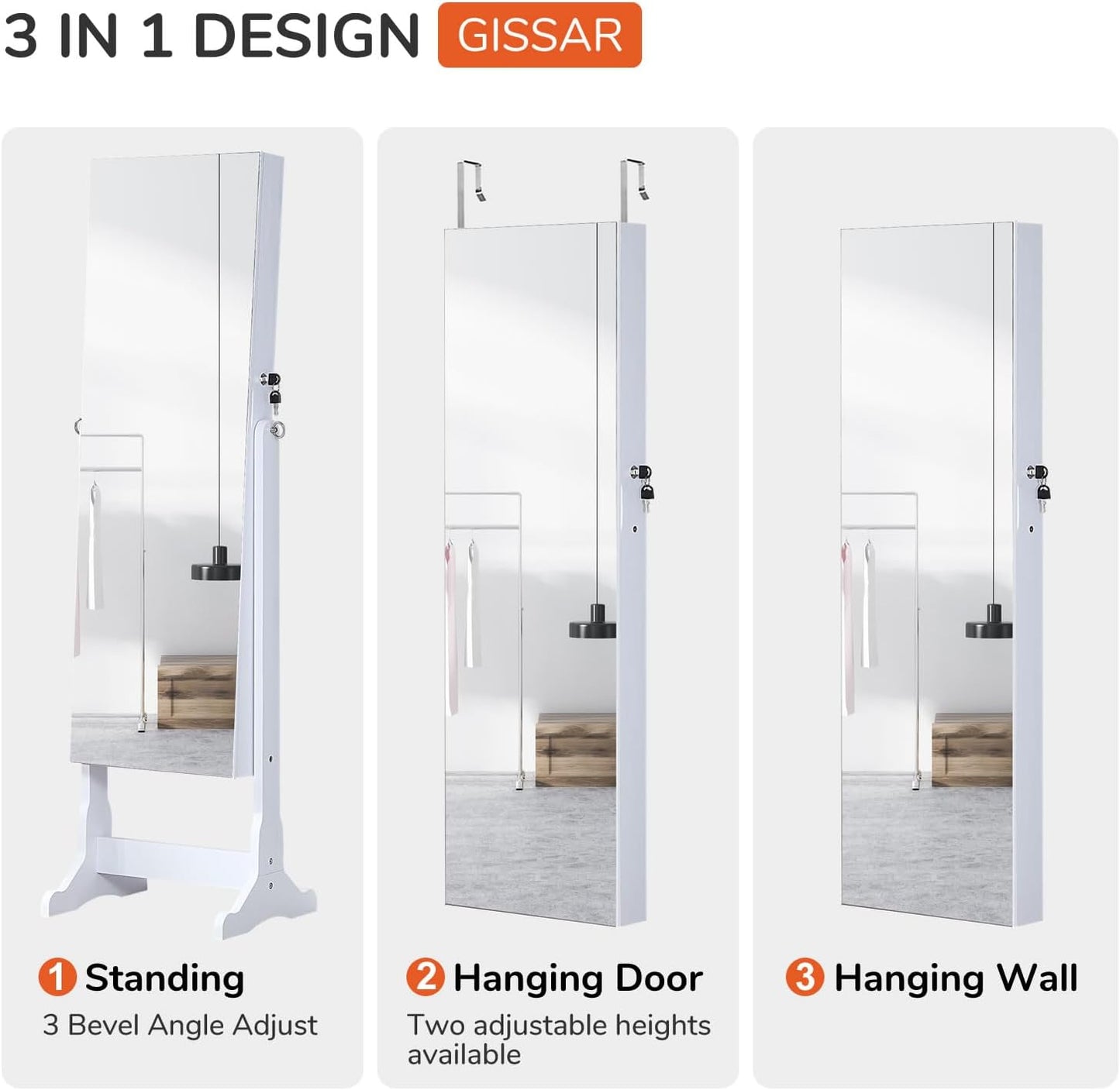 GISSAR Jewelry Organizer Full Length Mirror Jewelry Cabinet Standing/Wall/Hanging Door Jewelry Armoire Storage with Lights, Lockable, White
