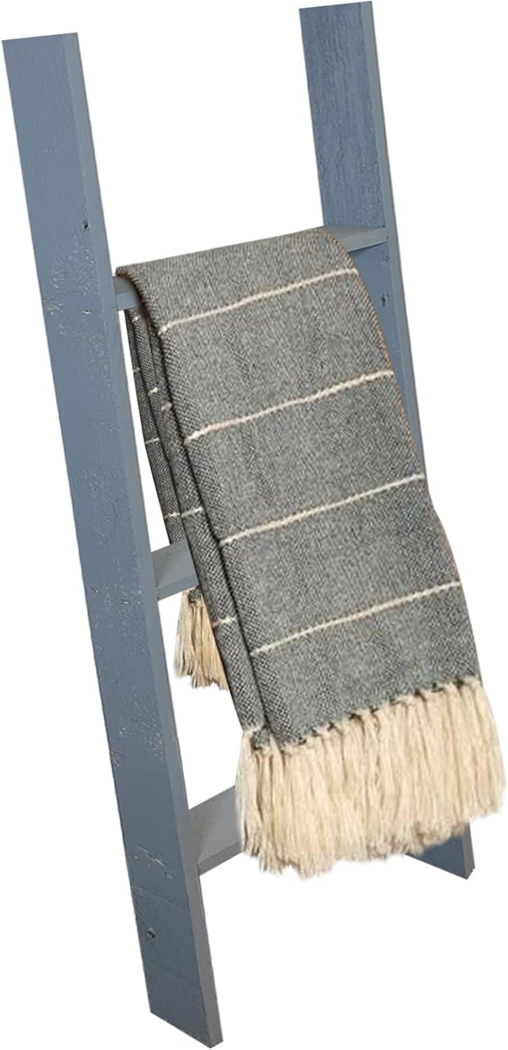 BARNWOODUSA Throw Blanket Ladder – Fully Assembled Reclaimed Wood – Rustic Decorative Ladder for Towels, Quilts– Perfect Farmhouse Decor for Bathroom, Porch, or Living Room,5' x 18" Weathered Gray