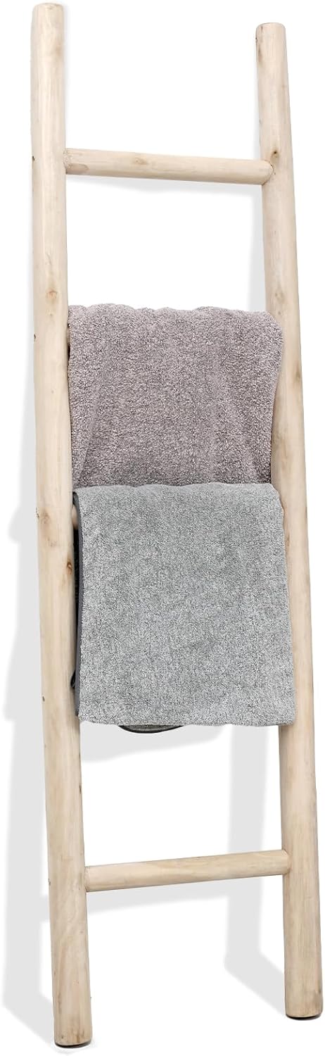 FUIN Fully Assembled 57in Wood Blanket Ladder Living Room Decorative Wall Leaning Farmhouse Quilt Display Holder Rustic Wooden Towel Rack for Bathroom, Brown