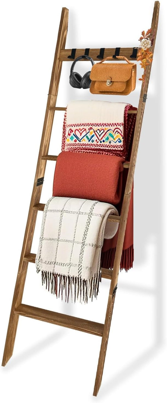 Rustic Blanket Ladder for Bedroom & Living Room - 5.66 Ft Light Brown Wooden Display Rack with 6 Tiers & 5 Hooks (Scarf/Towel Organizer)