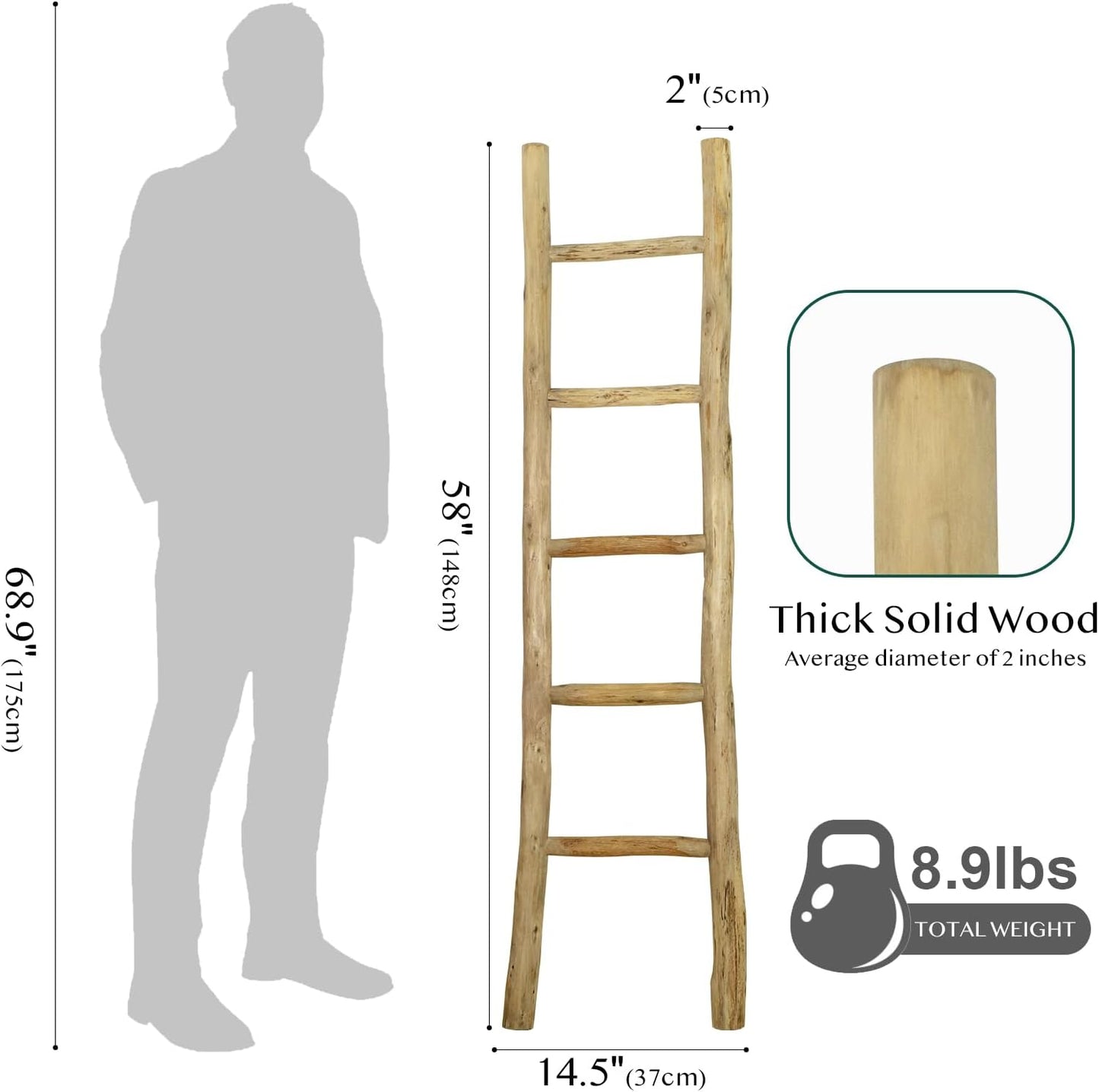 Fully Assembled Wood Ladder for Blankets, 5-Layer Structure Towel Rack, Farmhouse Style, Durable and Convenient Throw Blanket Ladder, Living Room Decoration