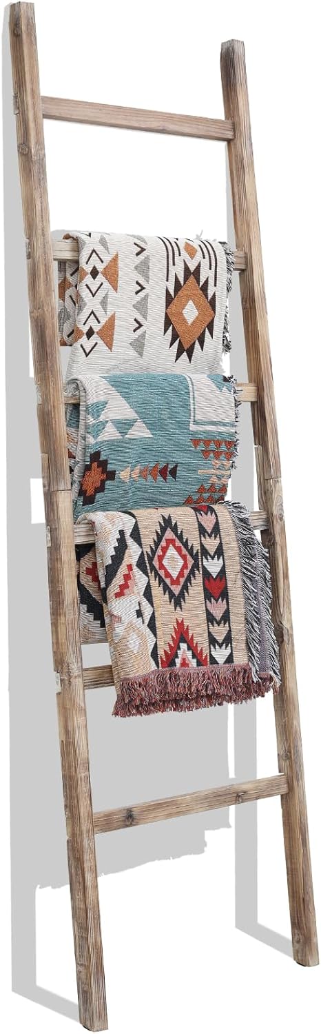 FUIN Extra Wide 6.4ft Wooden Blanket Ladder Living Room Decorative Wal Leaning Farmhouse Quilt Display Holder Rustic Wood Towel Rack for Bathroom, Brown, 38 inch Wide