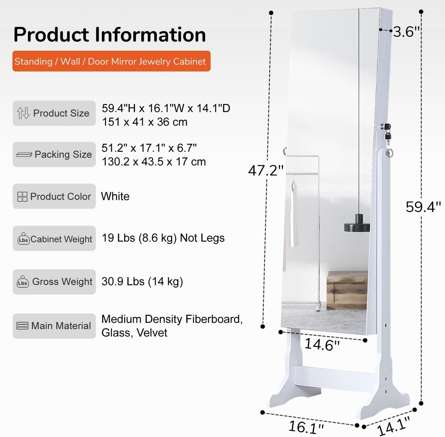 GISSAR Jewelry Organizer Full Length Mirror Jewelry Cabinet Standing/Wall/Hanging Door Jewelry Armoire Storage with Lights, Lockable, White