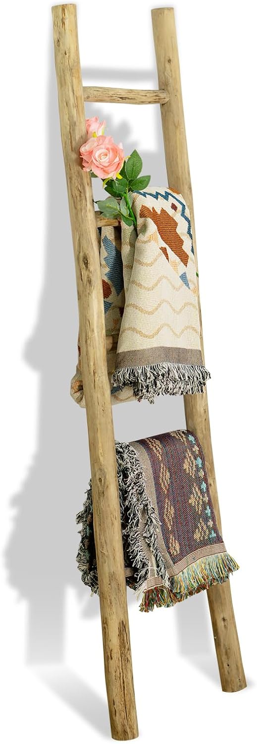 Fully Assembled Wood Ladder for Blankets, 5-Layer Structure Towel Rack, Farmhouse Style, Durable and Convenient Throw Blanket Ladder, Living Room Decoration