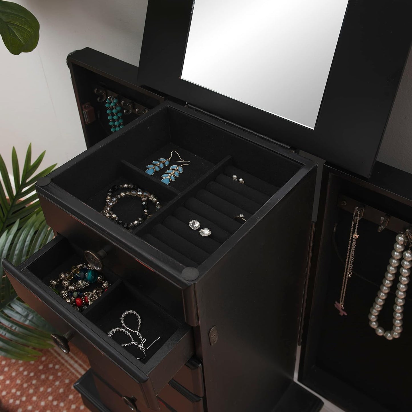 Powell Ebony Jewelry Armoire, Distressed Ebony Black; Black Lining