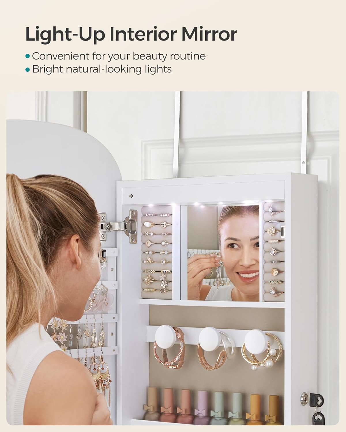 SONGMICS Jewelry Organizer, LED Jewelry Cabinet Wall/Door Mounted, Lockable Rounded Wide Mirror with Storage, Interior Mirror, 3.9 x 16.5 x 42.5 Inches, White Surface with Greige Lining