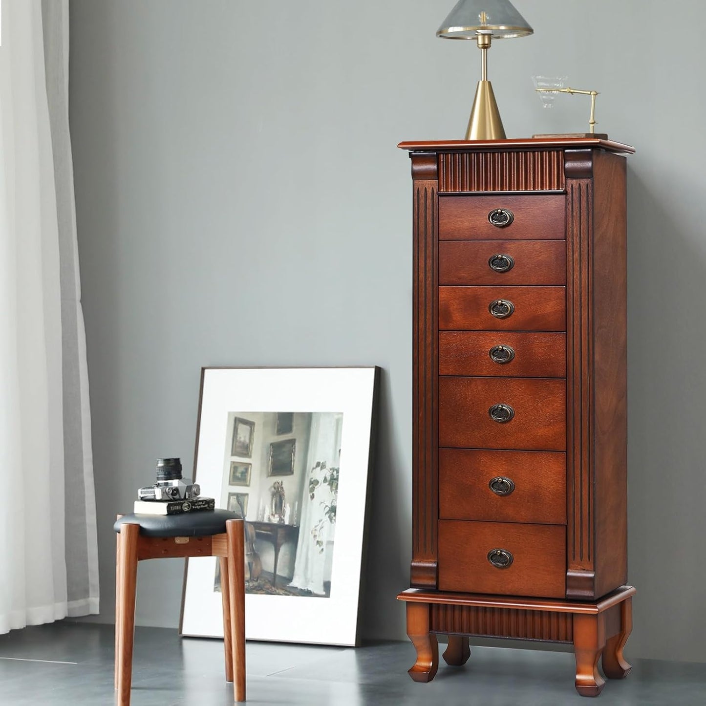 Standing Jewelry Armoire Cabinet, Large Jewelry Organizer Chest with 7 Drawers, 2 Swing Doors, 12 Necklace Hooks & Top Flip Makeup Mirror, Wooden Jewelry Box Storage Cabinet