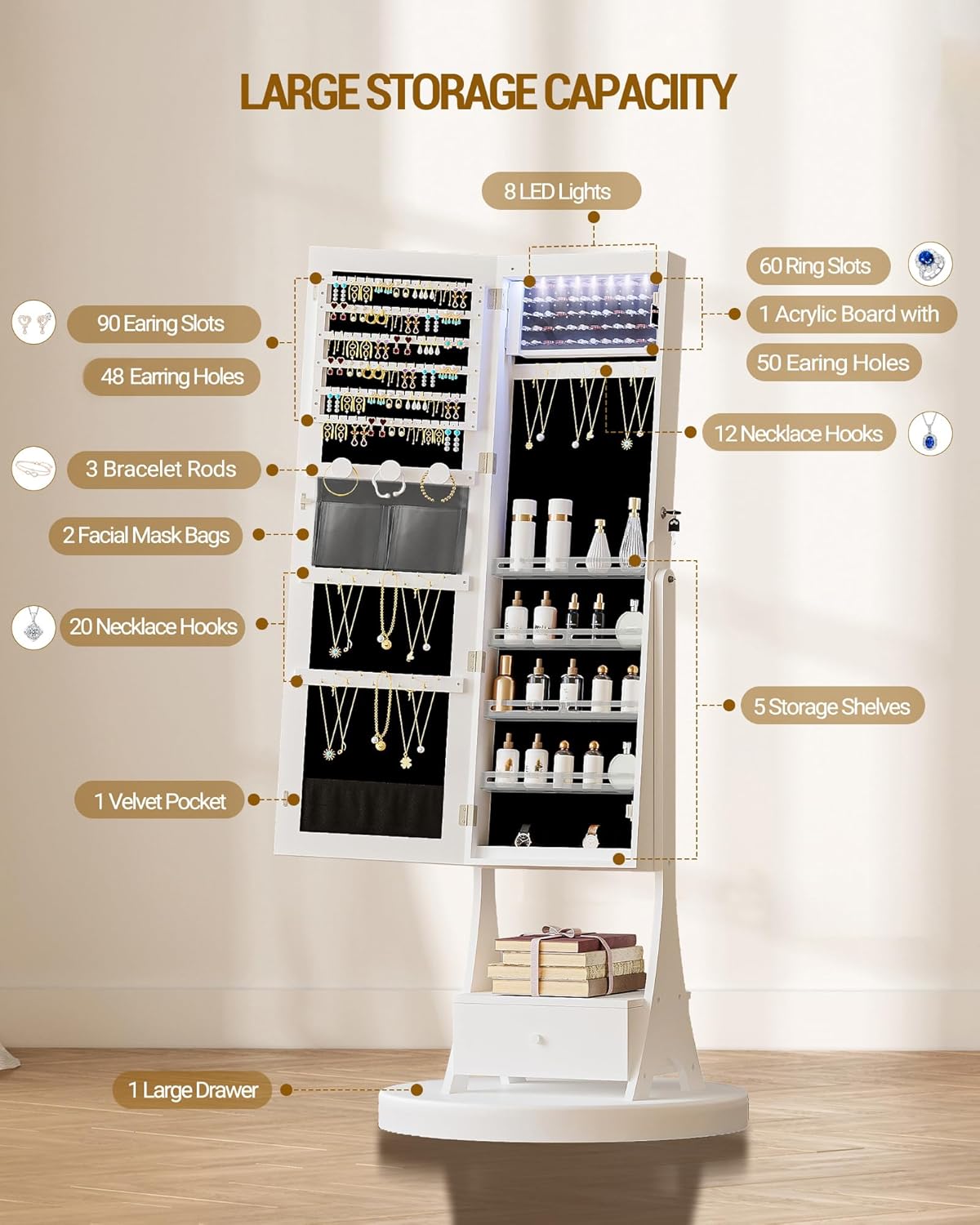 Jewelry Cabinet Armoire with Led Mirror, Full Length Mirror Storage, Lockable Standing Jewelry Mirror Cabinet, Jewelry Armoire Organizer with Drawer, Shelves, White JC35403B