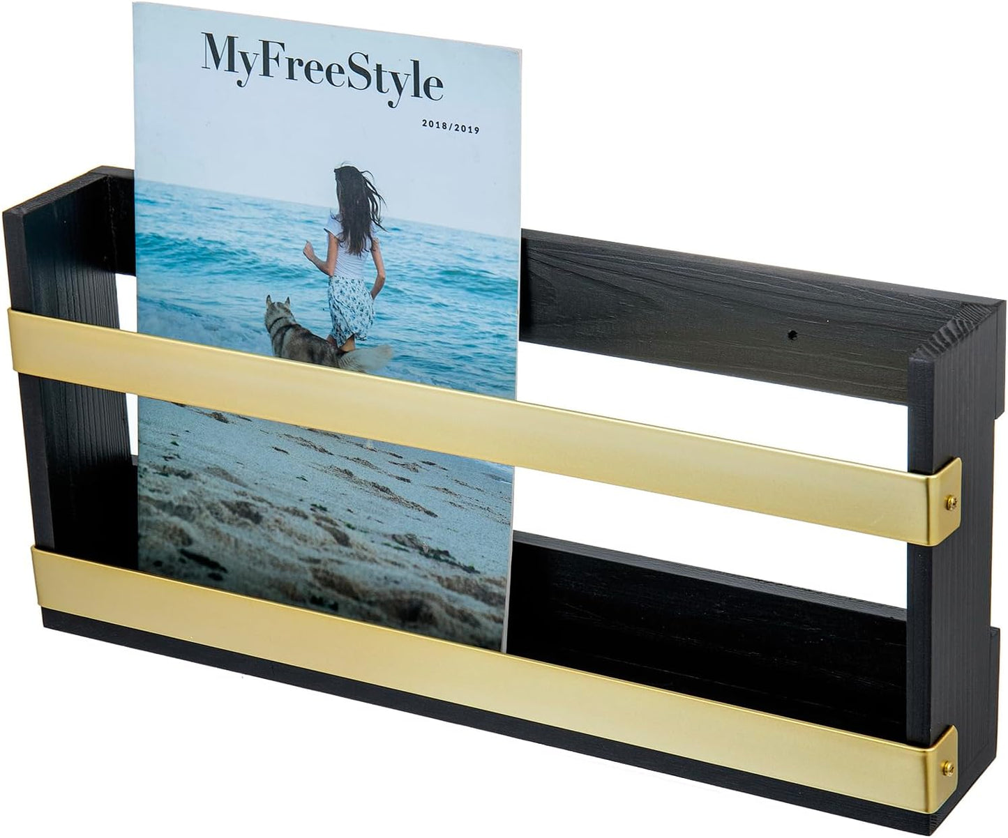 MyGift Rustic Burnt Solid Wood and Industrial Matte Black Metal Magazine Display Rack, Wall Mountable Double Wide Book Holder or Standing Organizer