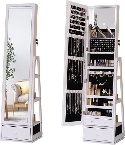 Rotatable Full Length Mirror Jewelry Cabinet Standing With Built-In Mirror - 63.7”H Lockable Jewelry Armoire With Mirror Drawers and 3 Storage Racks Christmas Gift for Wife White