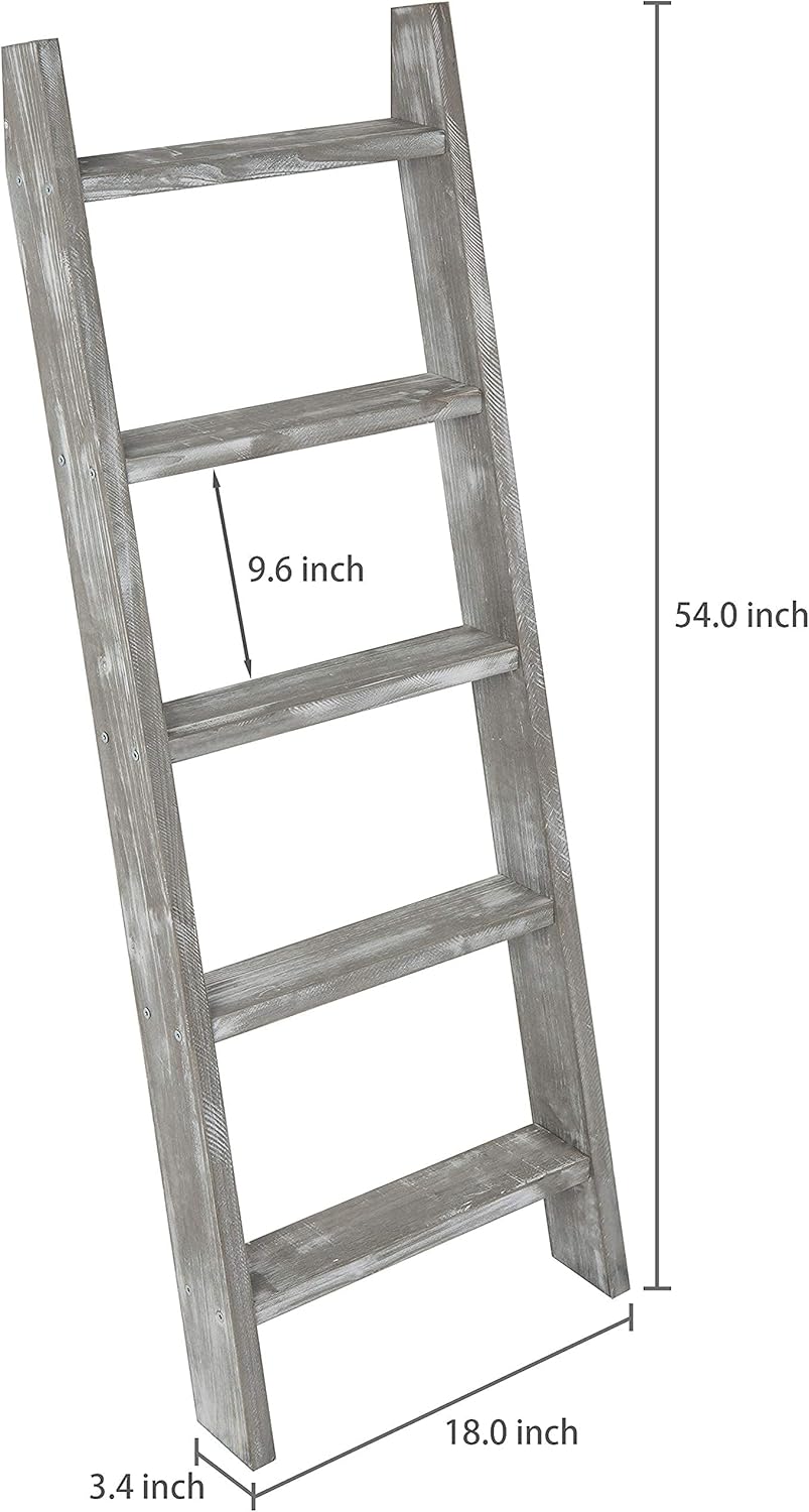 MyGift Wall-Leaning Rustic Gray with White Finish Wood Ladder-Style Blanket Rack Vintage Grey Wood & Industrial Metal Pipe Wall Mounted Ladder Rack, 46 Inch Towel Shelve