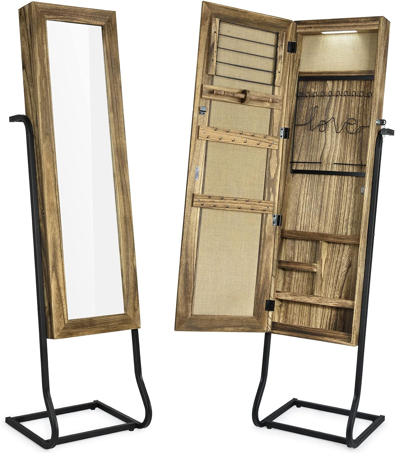 SRIWATANA Jewelry Armoire Cabinet, Solid Wood Jewelry Organizer with Full Length Mirror Wall/Door Mounted(Carbonized Black)