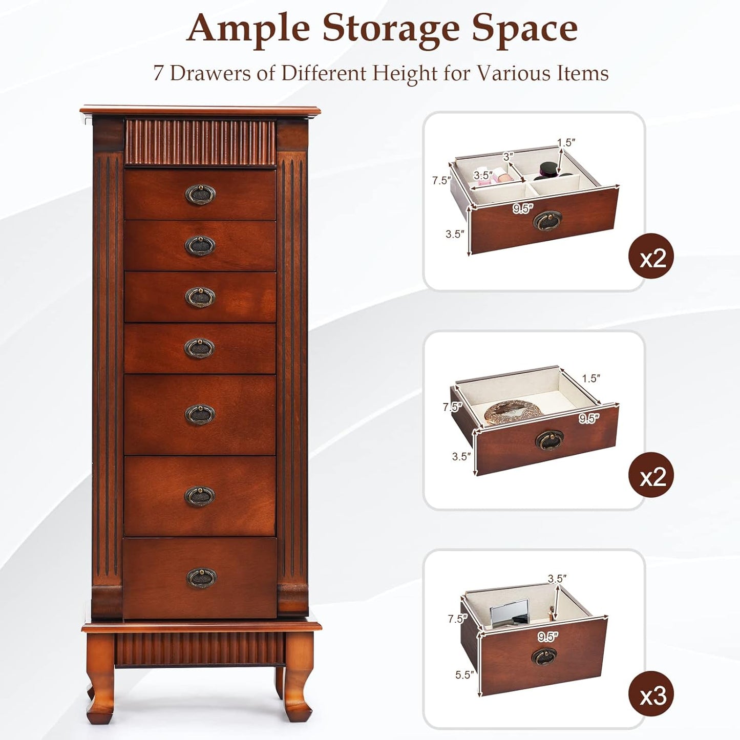 Standing Jewelry Armoire Cabinet, Large Jewelry Organizer Chest with 7 Drawers, 2 Swing Doors, 12 Necklace Hooks & Top Flip Makeup Mirror, Wooden Jewelry Box Storage Cabinet