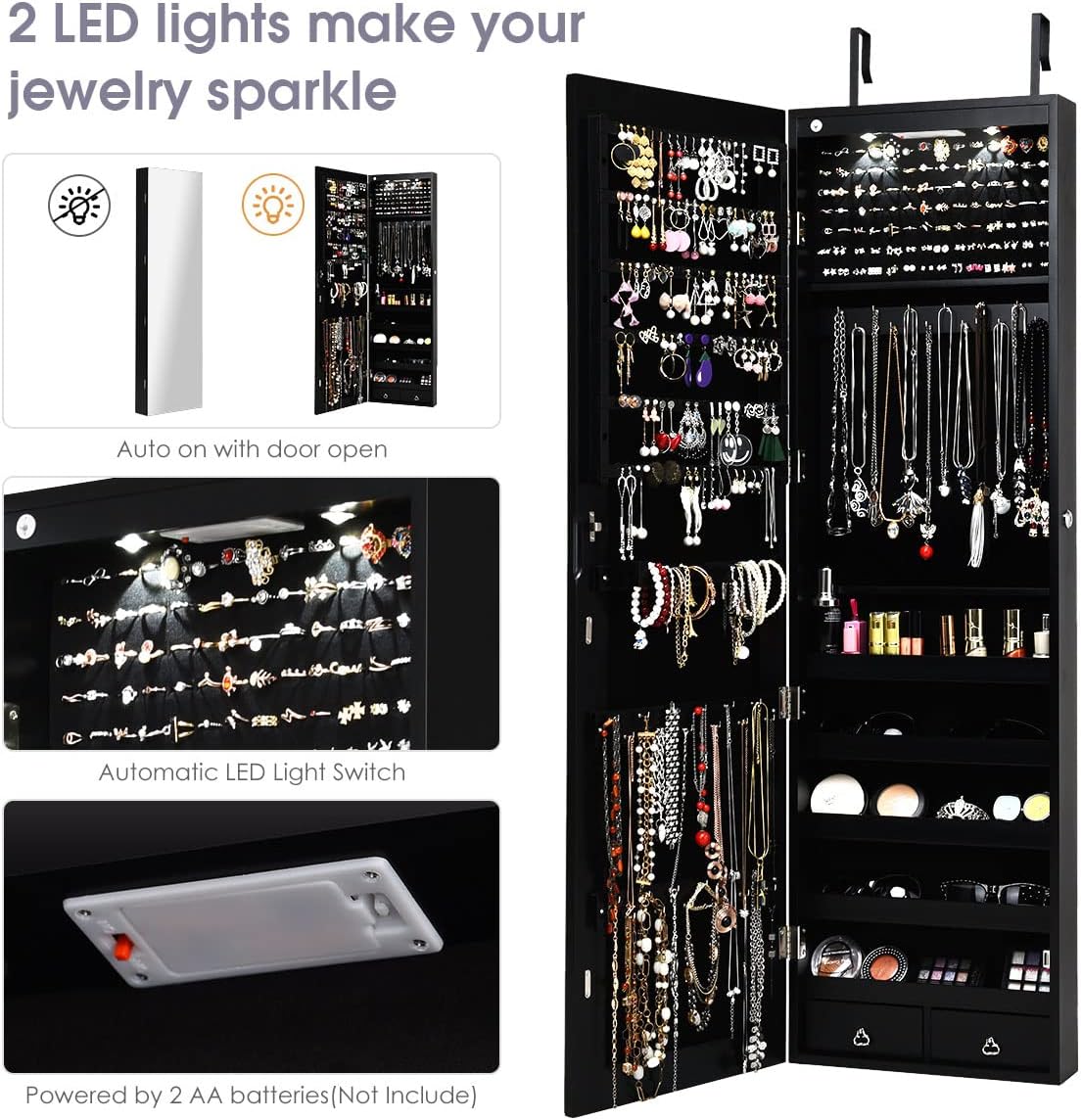 Giantex Wall Door Mounted Jewelry Armoire Cabinet with 47.5" H Full Length Mirror, 2 LEDs Lockable Jewelry Organizer Box with Bracelet Rod, 2 Drawers, Large Storage Capacity (Black)