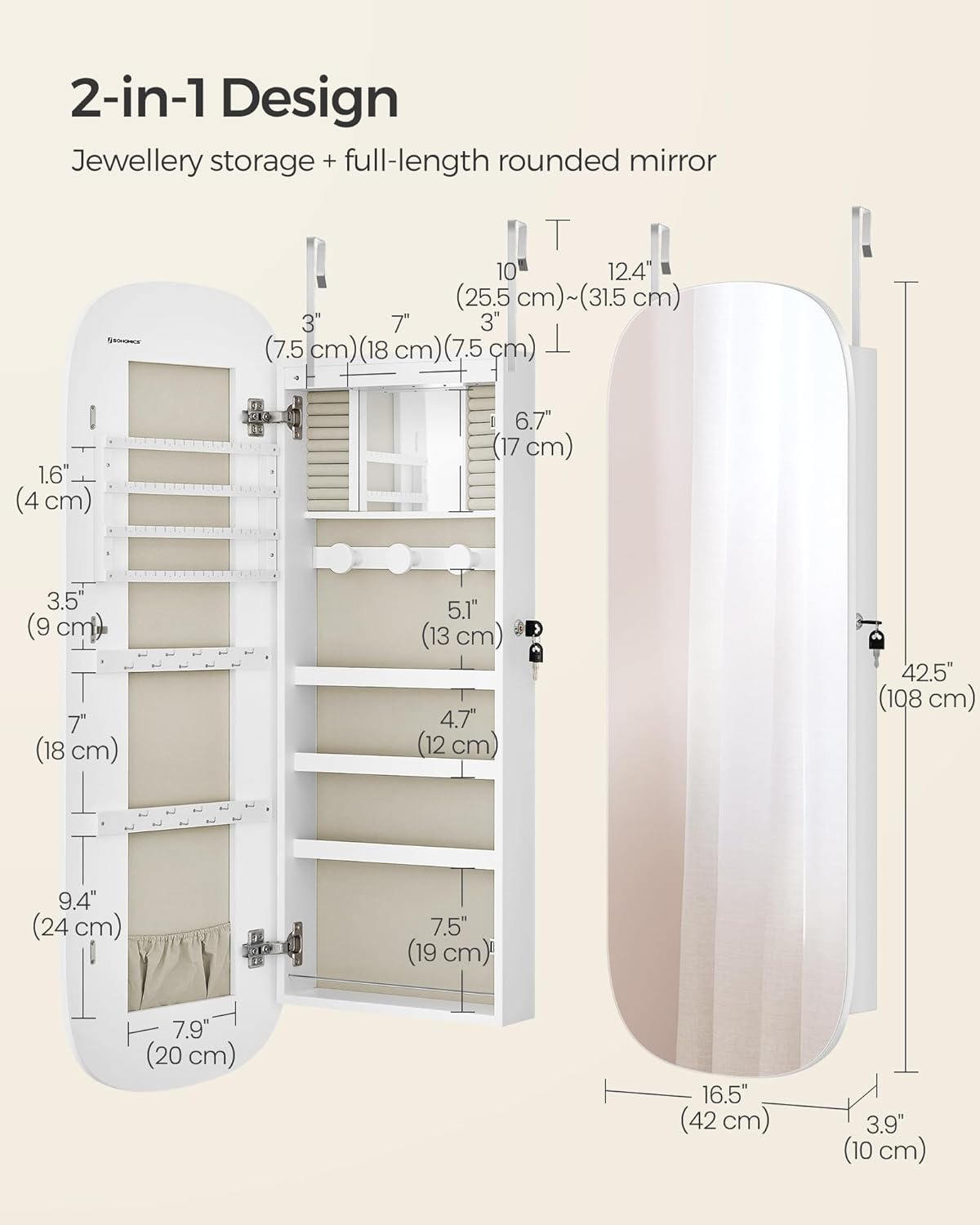 SONGMICS Jewelry Organizer, LED Jewelry Cabinet Wall/Door Mounted, Lockable Rounded Wide Mirror with Storage, Interior Mirror, 3.9 x 16.5 x 42.5 Inches, White Surface with Greige Lining