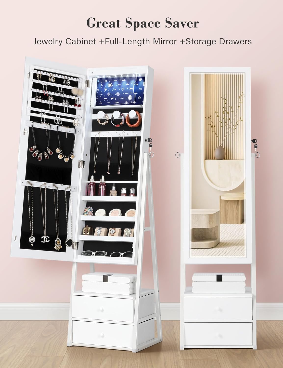 Nicetree LED Jewelry Cabinet Armoire with 2 Drawers, Lockable Standing Mirror Jewelry Cabinet, Full Length Mirror with Jewelry Storage, Christmas Gifts, White
