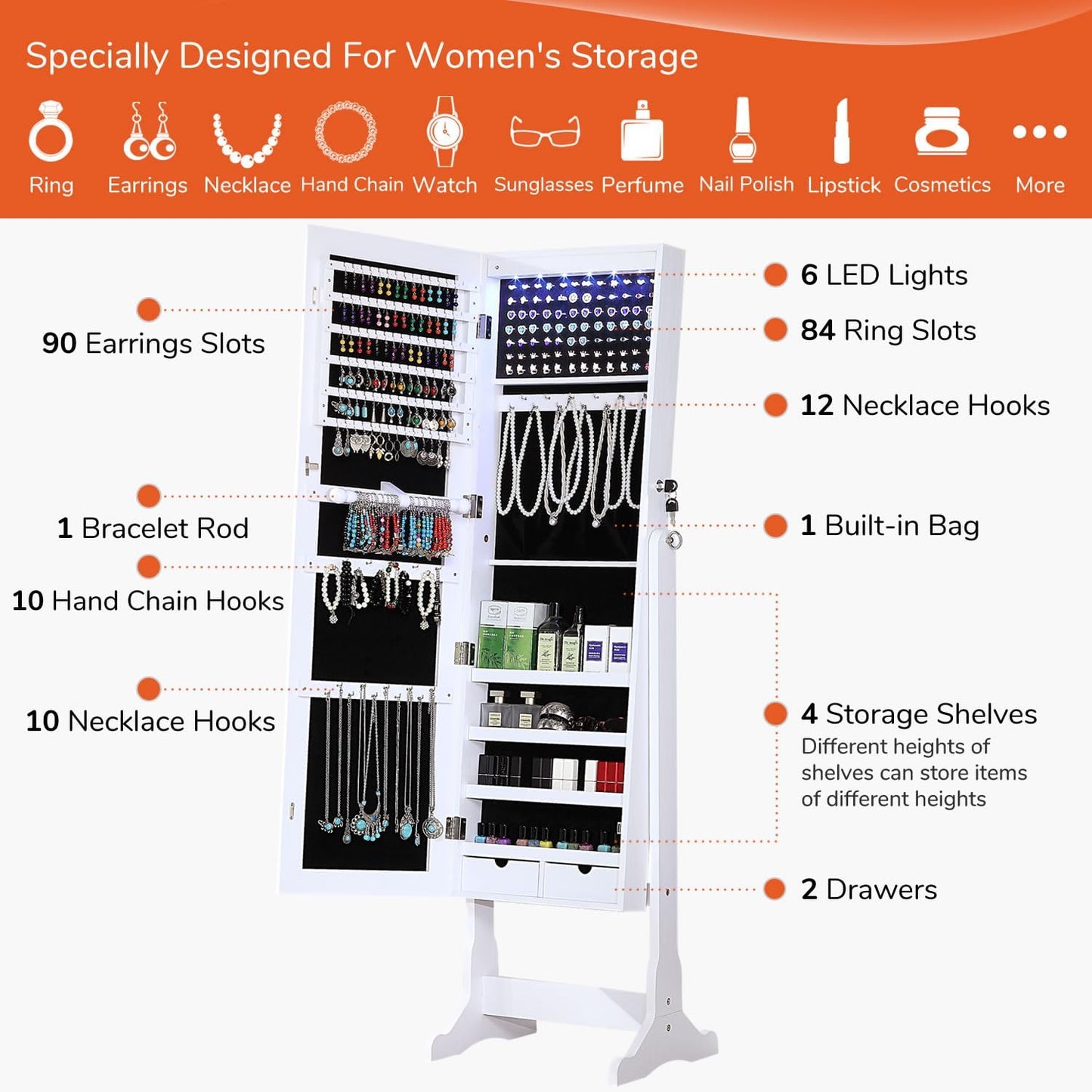 GISSAR Jewelry Organizer Full Length Mirror Jewelry Cabinet Standing/Wall/Hanging Door Jewelry Armoire Storage with Lights, Lockable, White