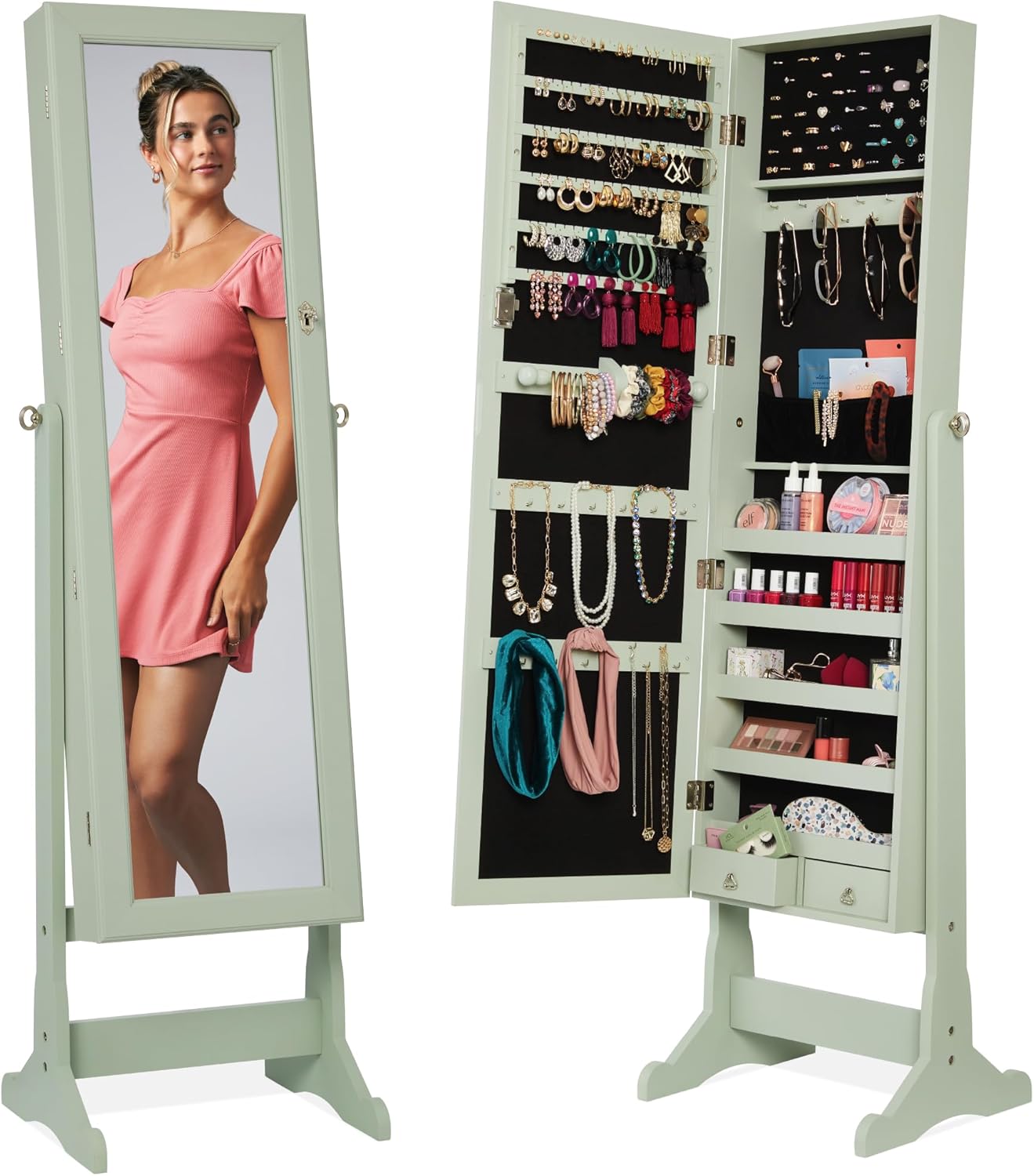 Best Choice Products Freestanding Jewelry Armoire Cabinet, Full Length Standing Mirror, Lockable Makeup Storage Organizer, w/Velvet Lining, 3 Angles, Lock, Accessory Pouch, 5 Shelves - White