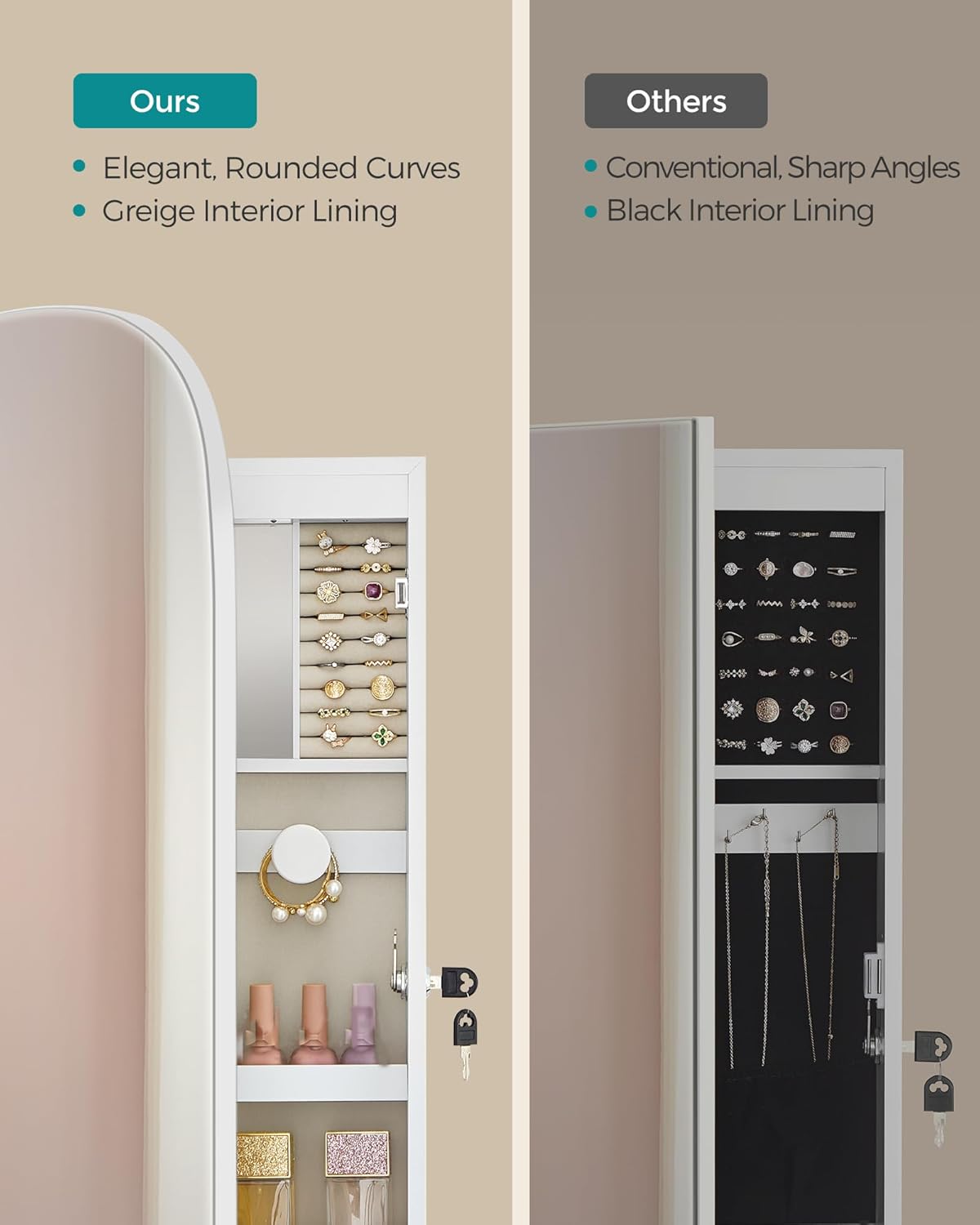 SONGMICS Jewelry Organizer, LED Jewelry Cabinet Wall/Door Mounted, Lockable Rounded Wide Mirror with Storage, Interior Mirror, 3.9 x 16.5 x 42.5 Inches, White Surface with Greige Lining